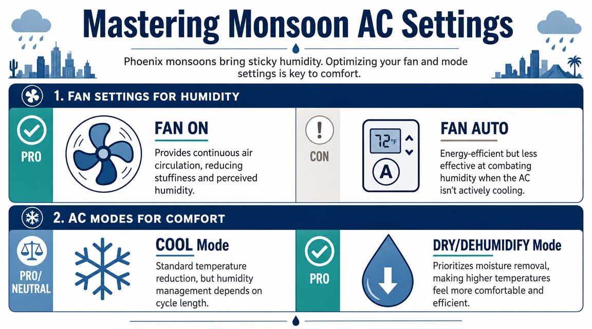 An infographic showing the best air conditioning settings for managing high humidity during monsoon season.
