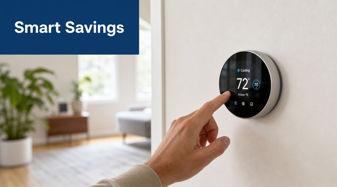 A person adjusting a smart thermostat set to cooling mode on a neutral colored wall.