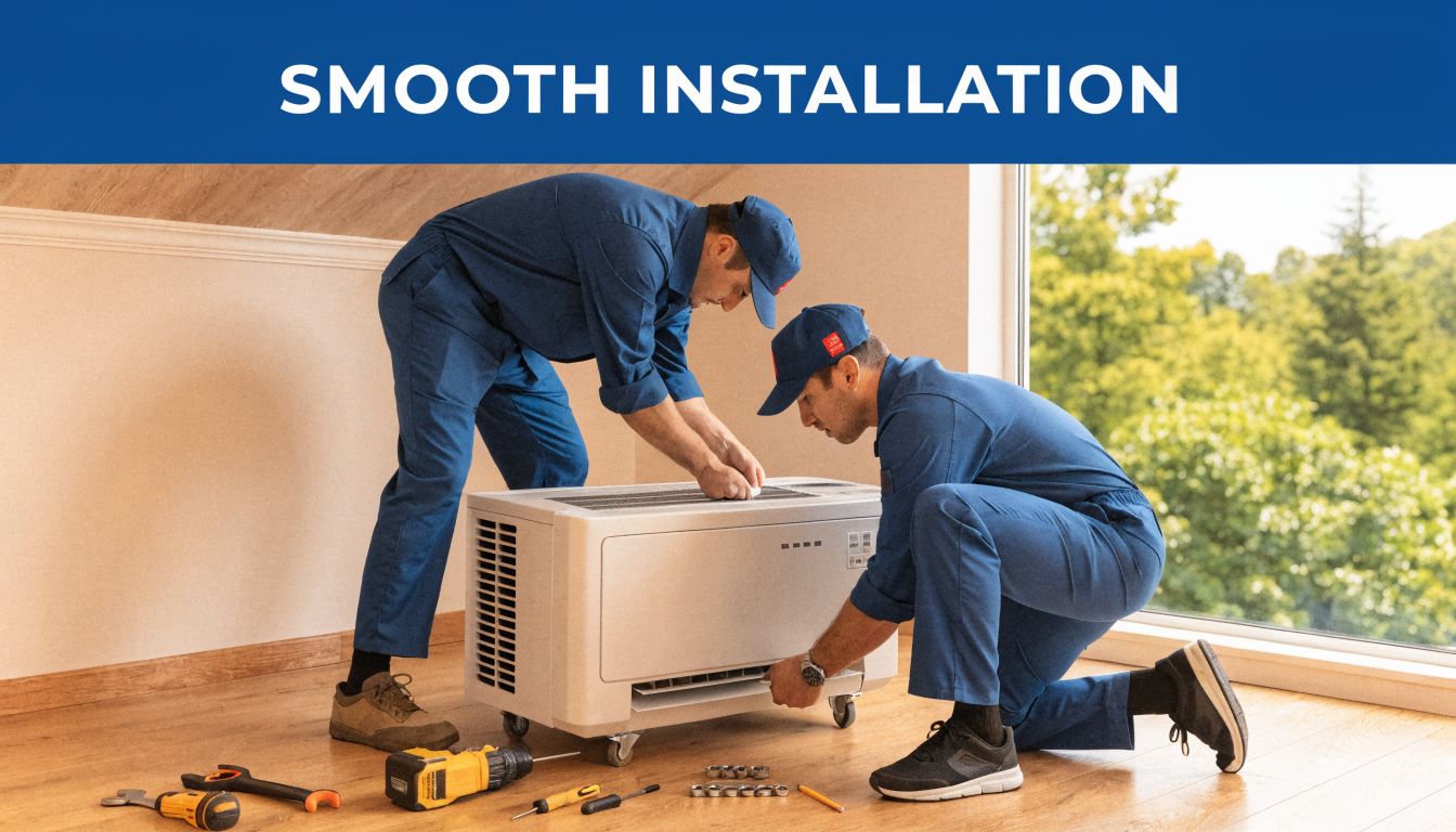 Two HVAC technicians in blue uniforms installing an air conditioning unit on a wooden floor.