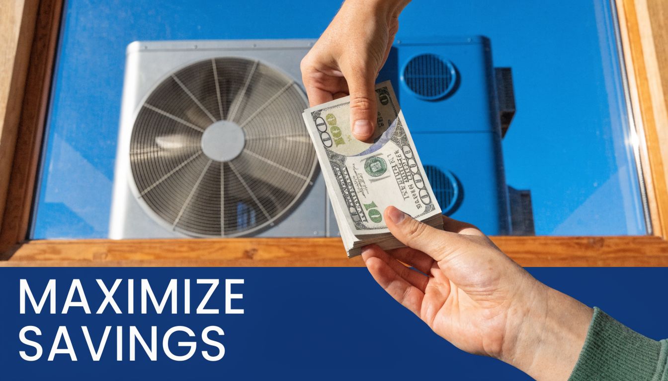 A close-up view of two hands exchanging a stack of US hundred dollar bills with an HVAC unit visible in the background.