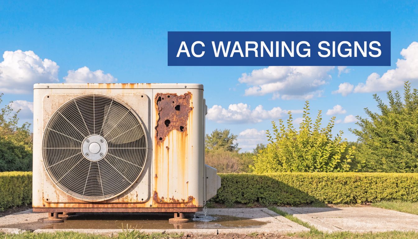 A rusty and old air conditioning unit sitting outdoors on a concrete base under a blue sky.