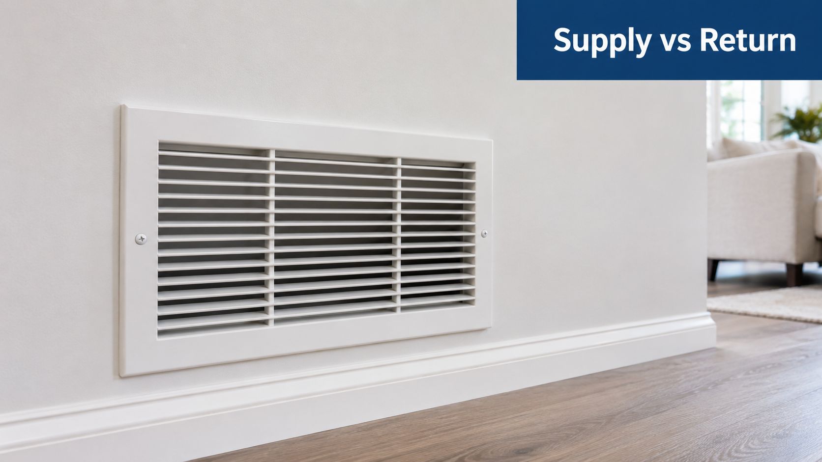 A white HVAC air vent grille mounted on a neutral interior wall near the floor.