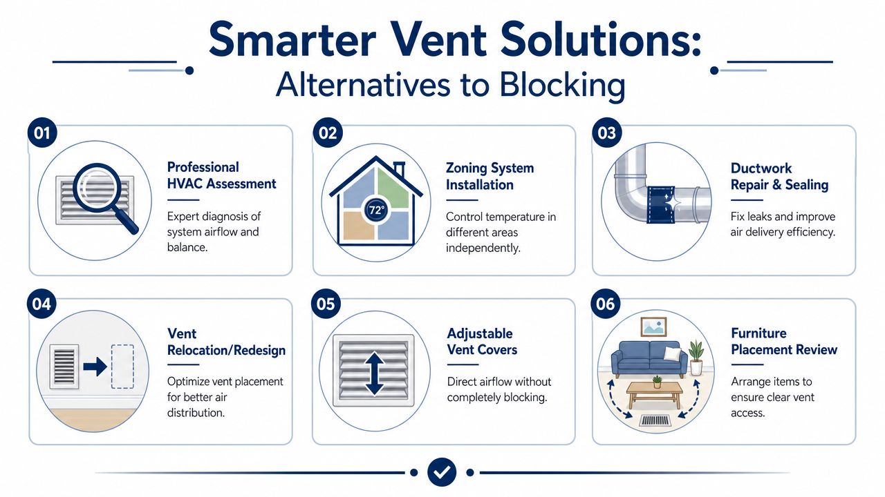 A helpful infographic outlining six practical and professional alternatives to blocking residential air vents for better HVAC efficiency.