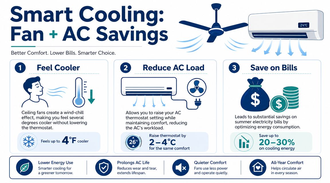 An infographic showing how using a ceiling fan with an air conditioner saves energy and improves comfort.