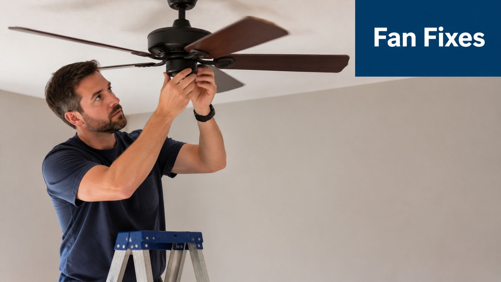 A professional repairman on a ladder working on fixing or adjusting a ceiling fan.