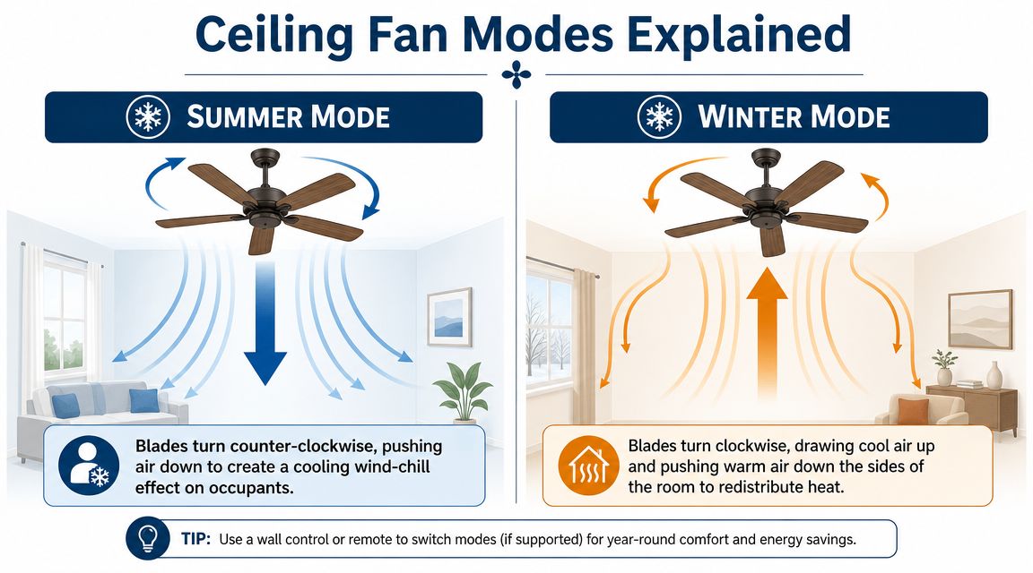 An infographic explaining how to set a ceiling fan to summer or winter mode for comfort.