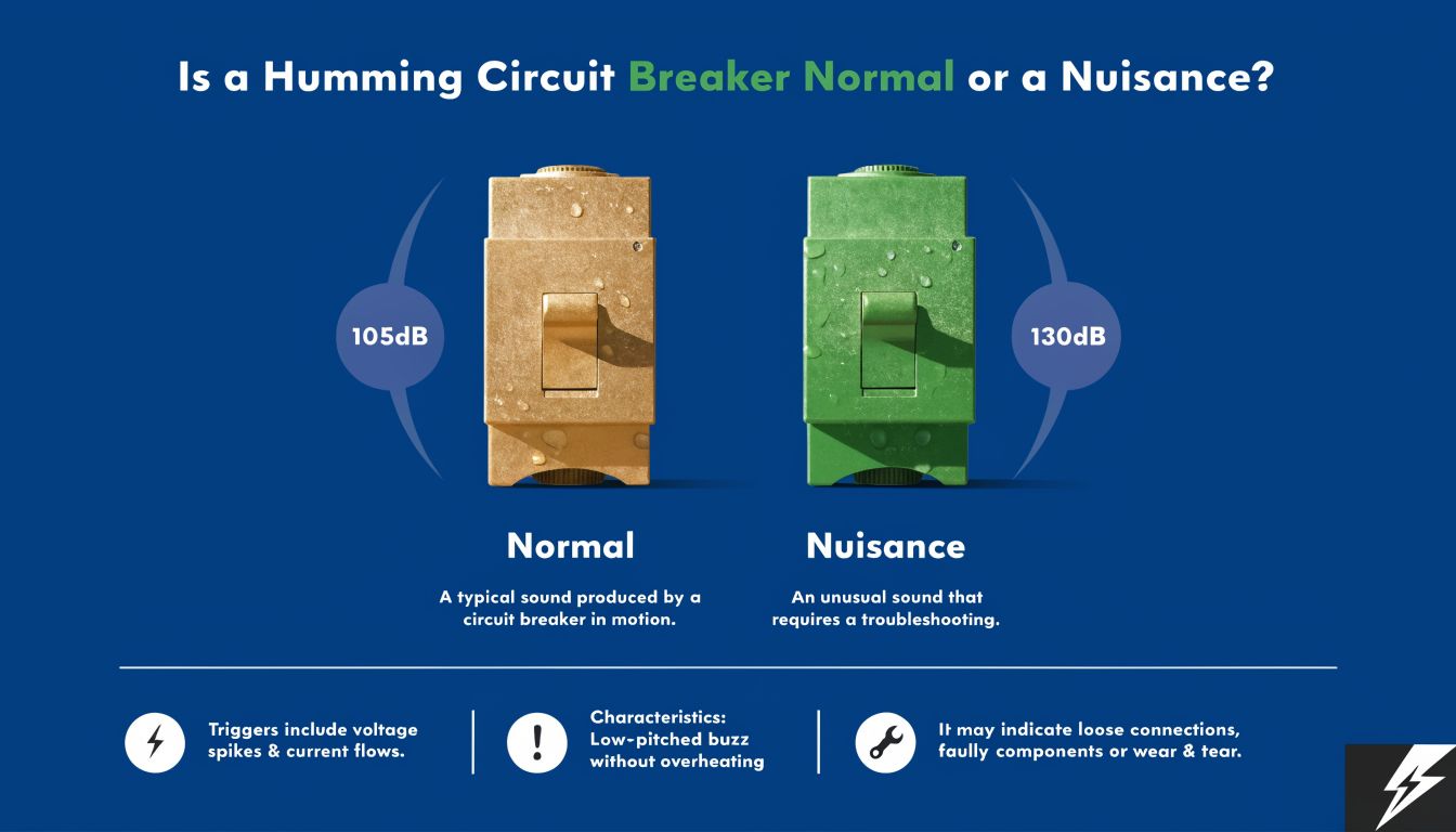 A visual guide comparing normal and nuisance humming sounds in circuit breakers with decibel levels and causes.