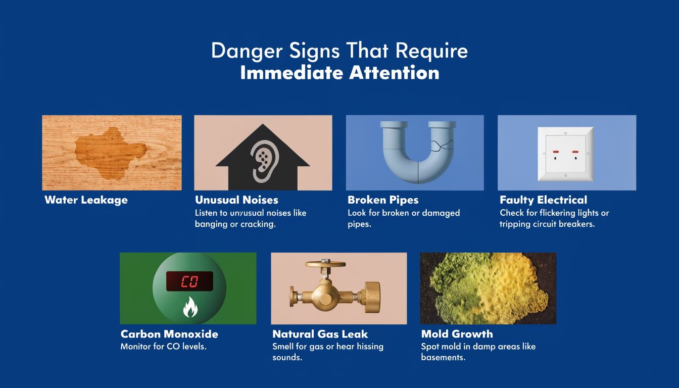 An infographic showing danger signs in a home, including leaks, noise, electrical issues, gas, and mold.