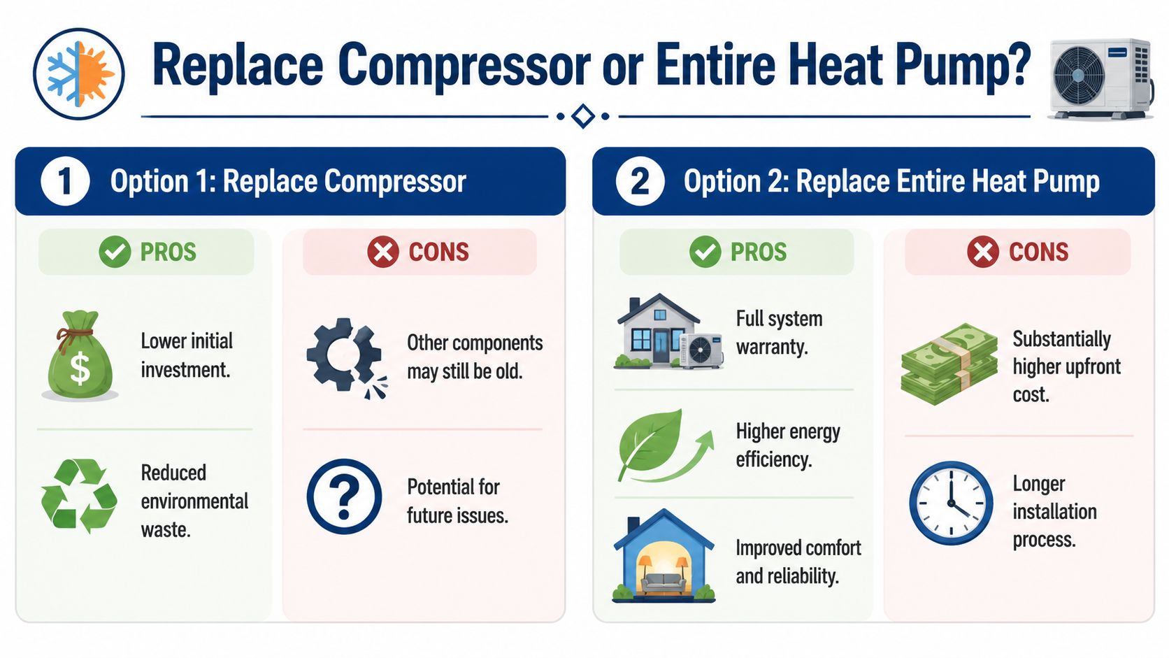 An infographic comparing the pros and cons of replacing a compressor versus replacing an entire heat pump.