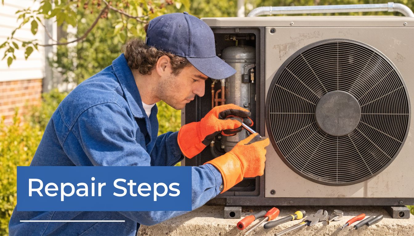 A professional technician wearing safety gloves repairing a central air conditioning unit outdoors.
