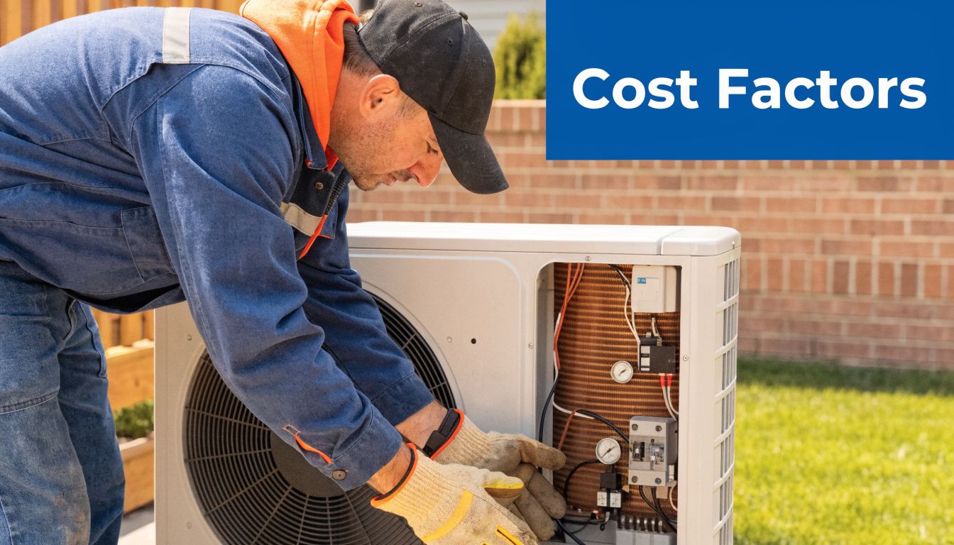 A technician wearing work gloves performs maintenance on an outdoor heat pump unit in a yard.