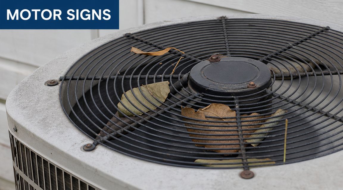 A close-up view of an outdoor residential HVAC air conditioner unit with dry leaves on the fan grille.