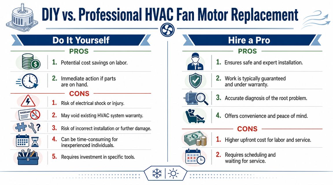 A comparison infographic showing the pros and cons of DIY versus professional HVAC fan motor replacement services.