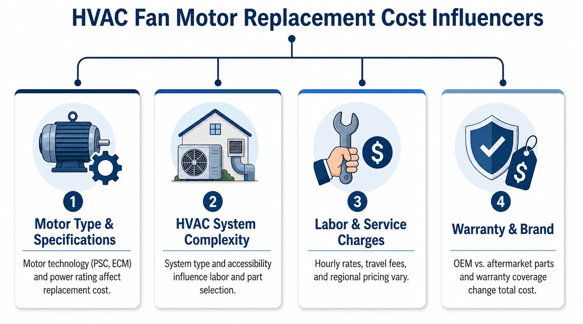 An infographic showing four key factors that influence the total cost of replacing an HVAC fan motor.