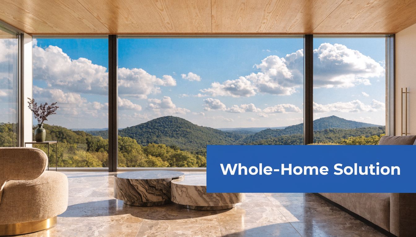 A modern living room with floor-to-ceiling windows overlooking a scenic mountain landscape under a bright sky.