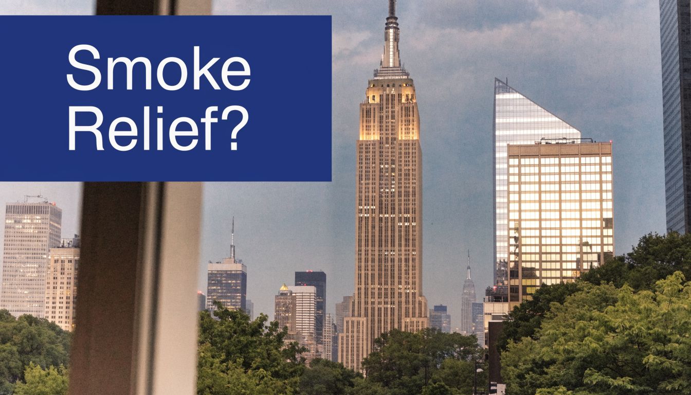A view of the New York City skyline featuring the Empire State Building with smoky atmospheric conditions.