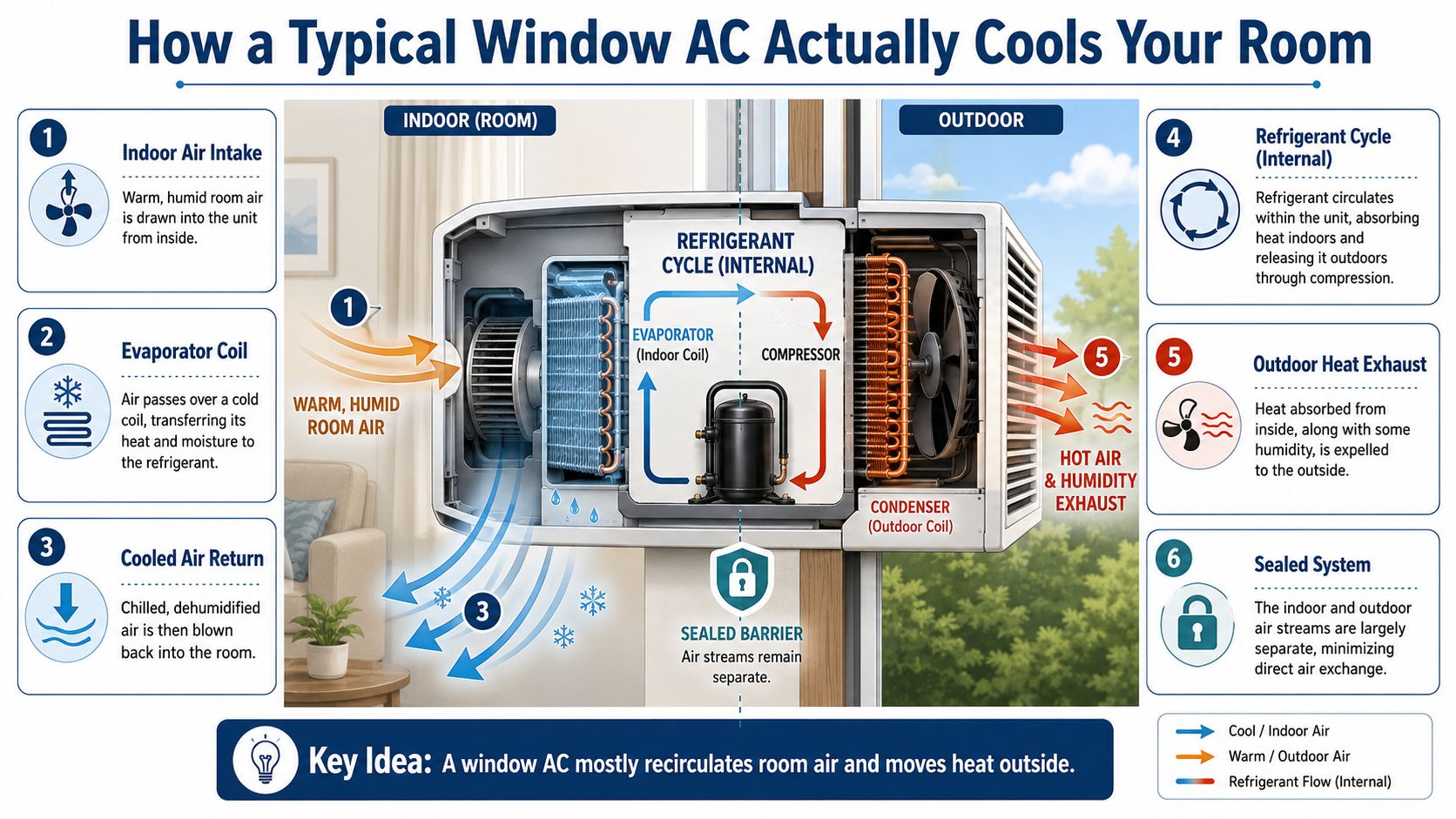 A diagram illustrating the internal components and airflow process of a typical window air conditioner cooling a room.