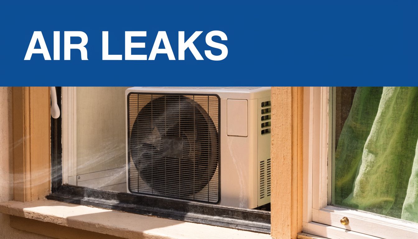 An air conditioner installed in a window, with visible air leakage around the unit frame.