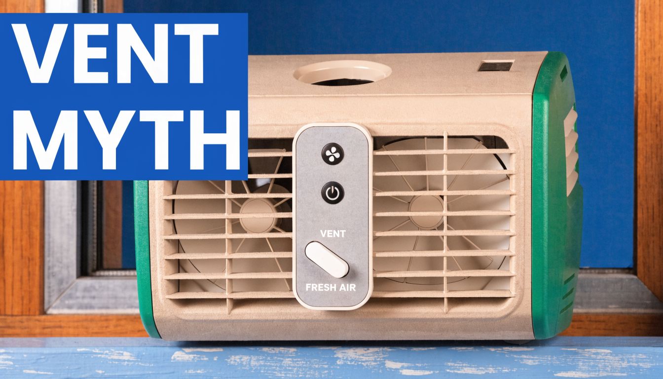 A close-up view of a portable window fan unit sitting on a blue surface near a window.