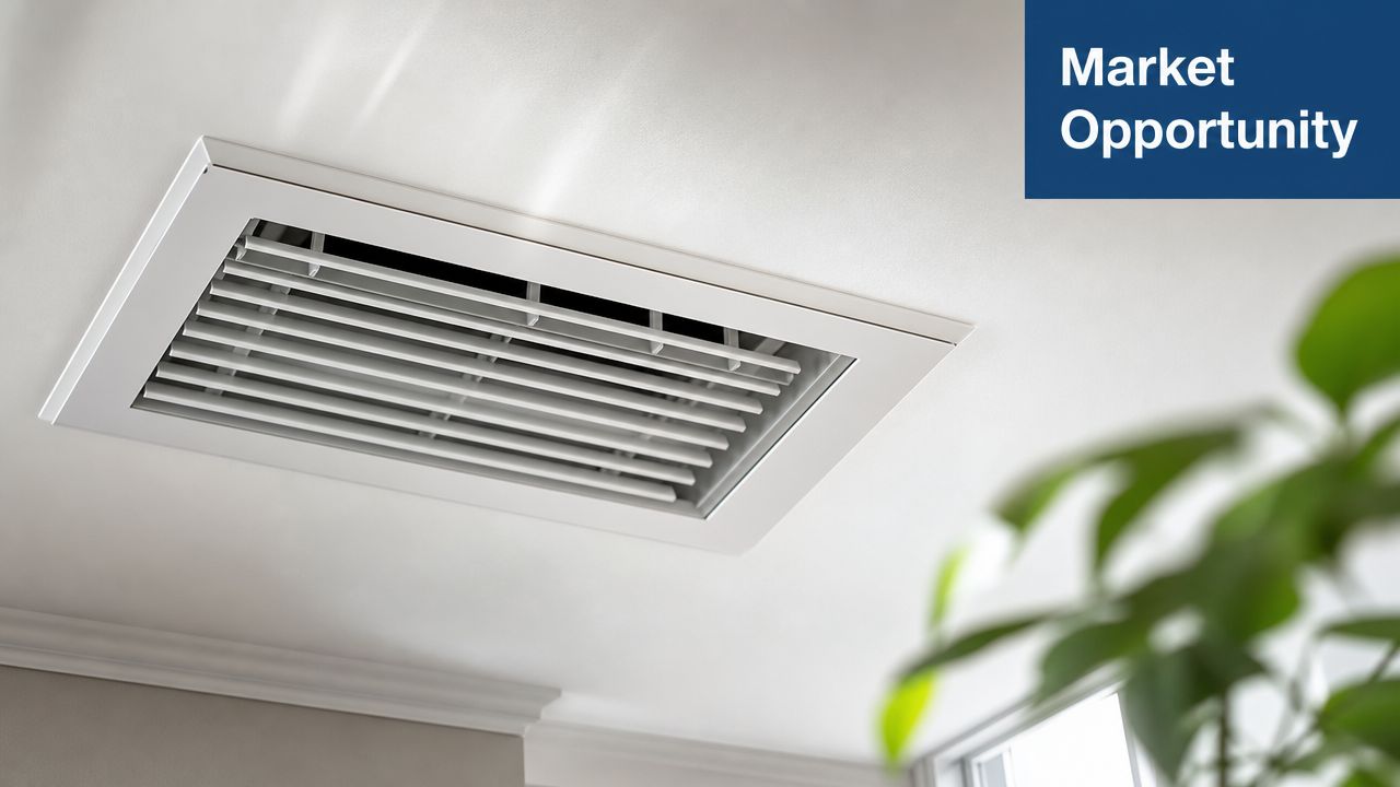 A clean white ceiling air conditioning vent in a modern home with a plant in the foreground.