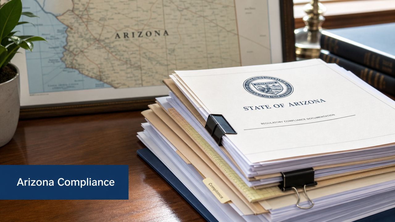 A stack of State of Arizona regulatory compliance documentation folders resting on a wooden office desk.