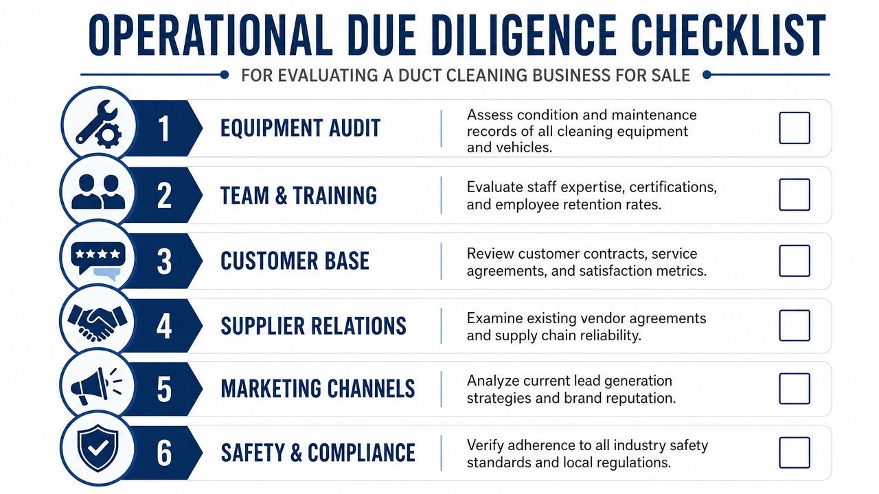 An infographic checklist for performing operational due diligence when buying a duct cleaning business.