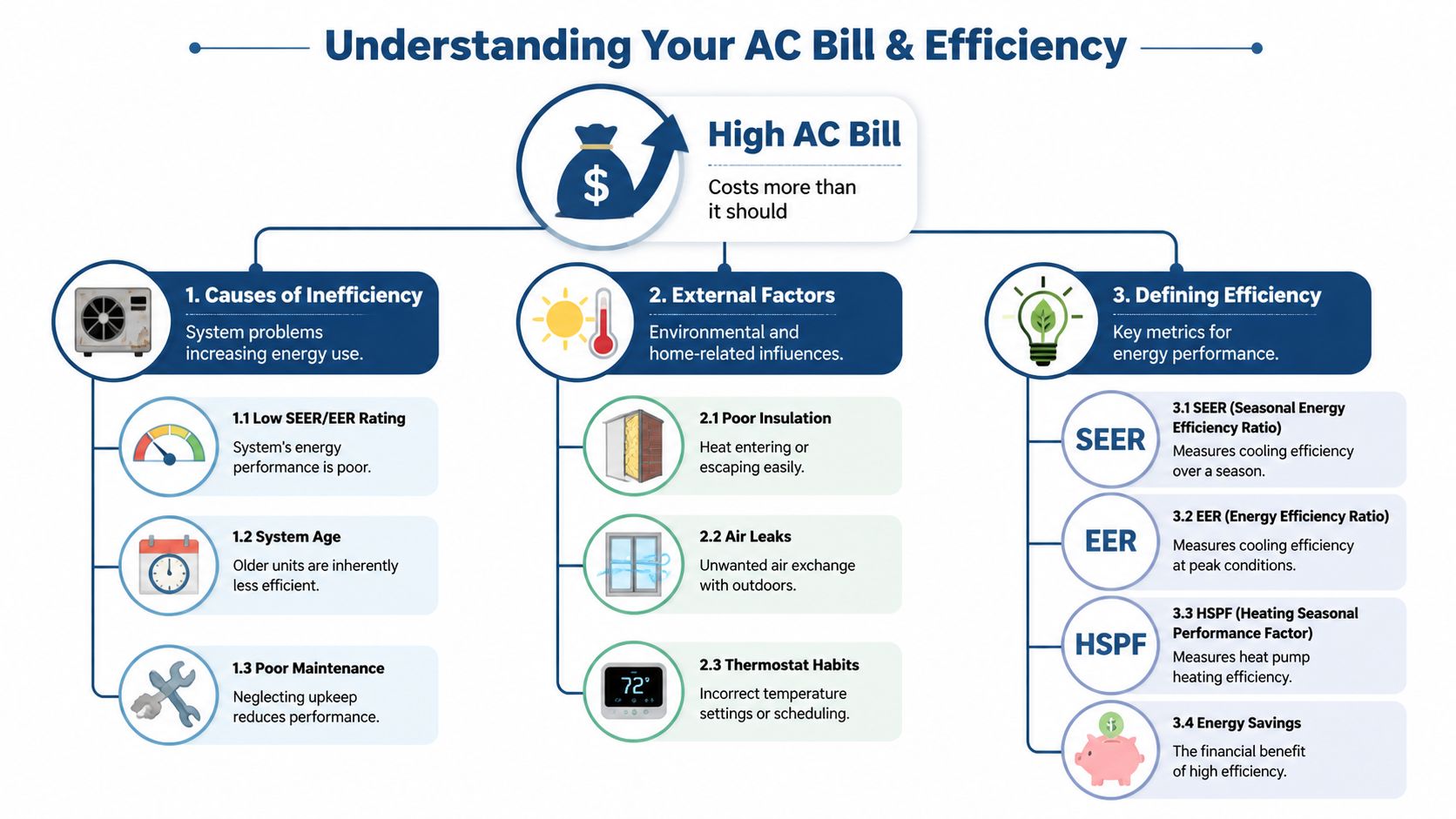 An infographic explaining the factors that lead to high air conditioning bills and energy efficiency metrics.