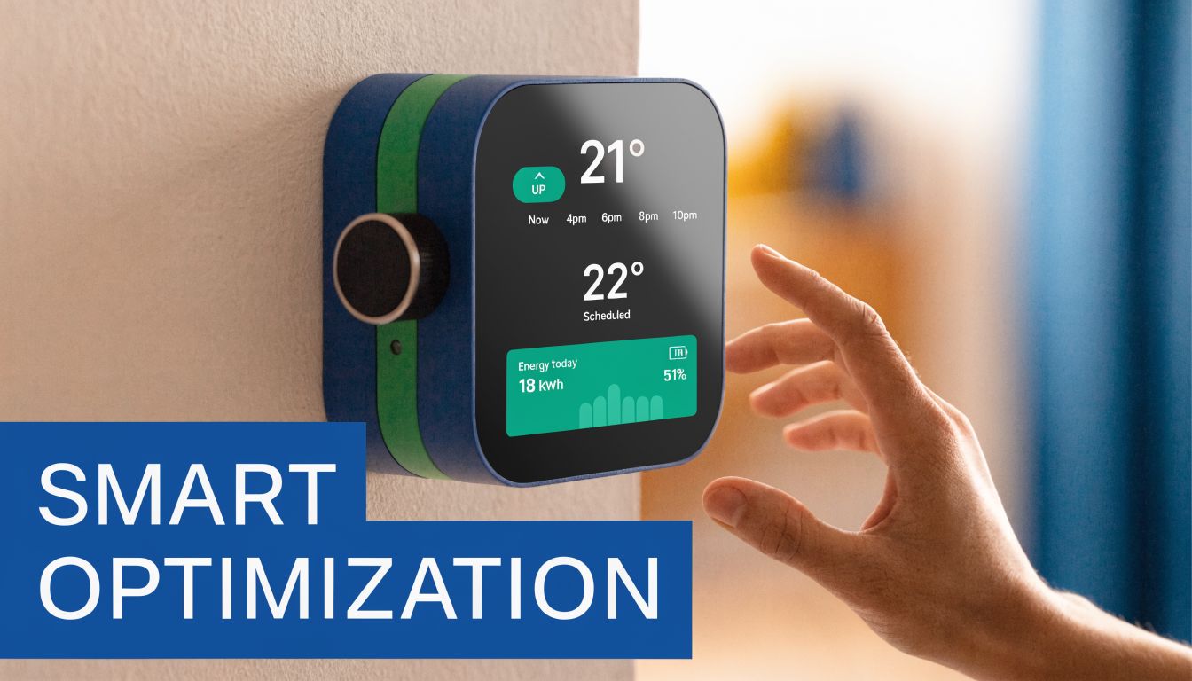 A hand adjusts a modern digital smart thermostat mounted on a wall for energy management.