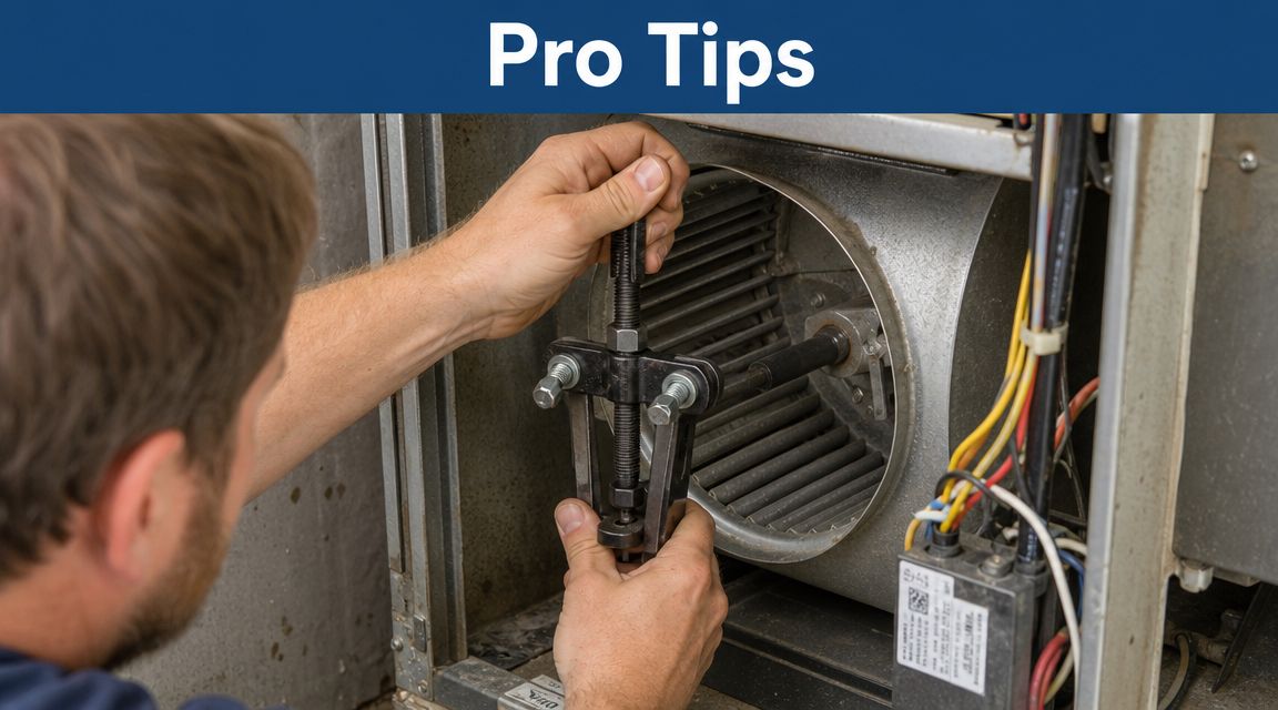 A HVAC technician uses a gear puller tool to remove a furnace blower wheel for maintenance.