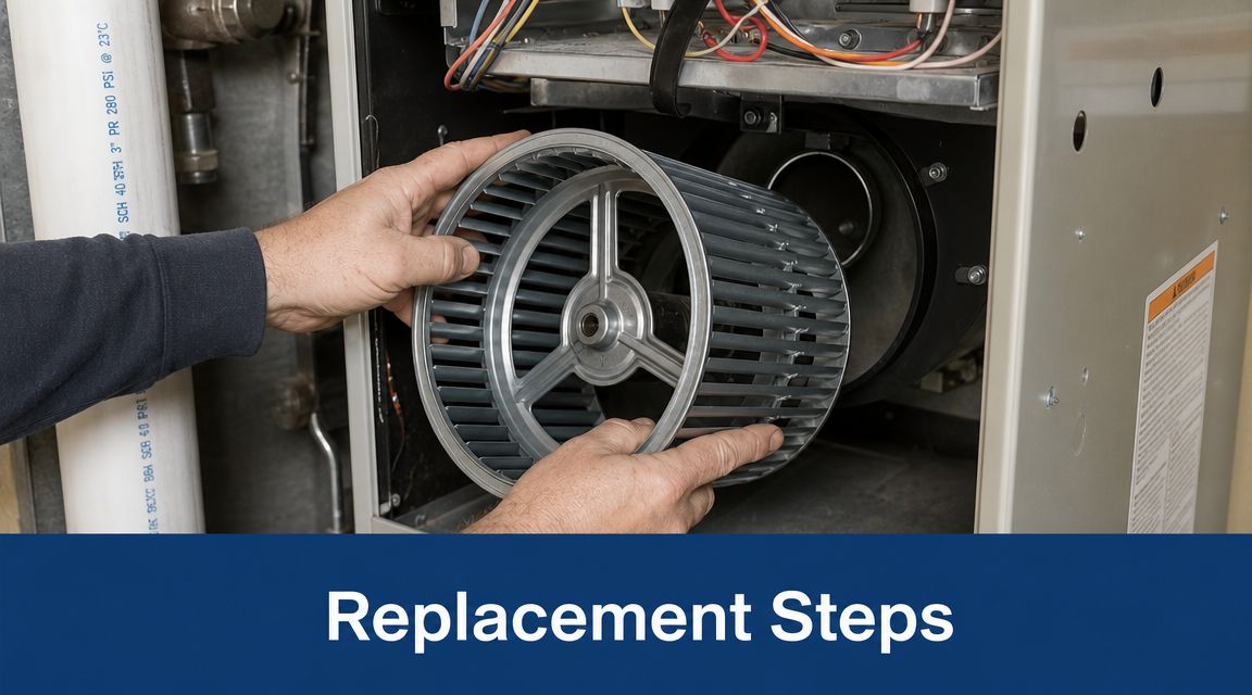 A technician holds a metallic furnace blower wheel while performing maintenance on an HVAC system unit.