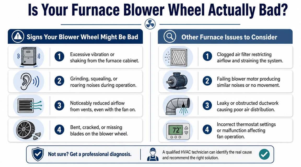 An infographic showing common signs of a bad furnace blower wheel and other potential furnace issues.
