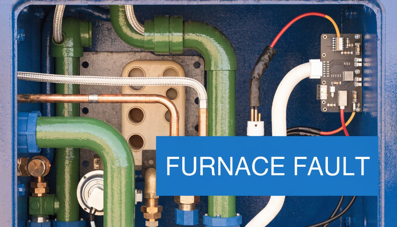 Furnace Won't Turn Off? 5 Simple Solutions for 2026 4 Close up interior view of furnace components including green pipes, wiring, and a small circuit board.
