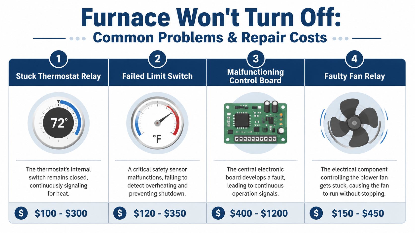Furnace Won't Turn Off? 5 Simple Solutions for 2026 5 An infographic detailing four common causes for a furnace that will not turn off and repair costs.