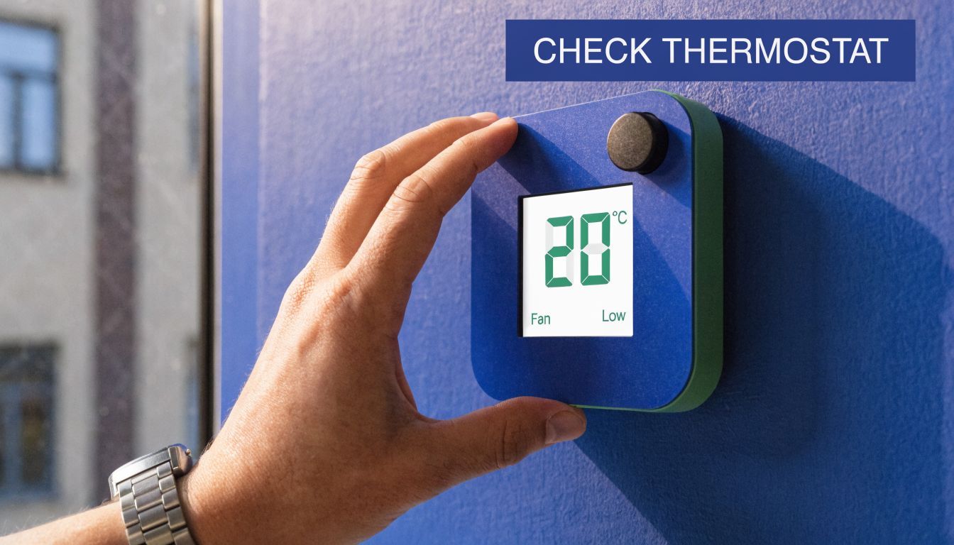 Furnace Won't Turn Off? 5 Simple Solutions for 2026 3 A hand adjusting a blue digital wall-mounted thermostat set to twenty degrees Celsius on a blue wall.