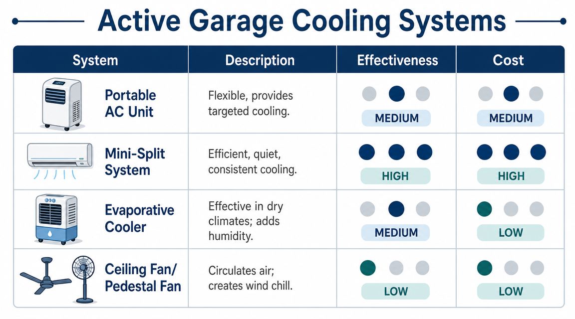 A chart comparing different active garage cooling systems based on effectiveness and cost for homeowners.