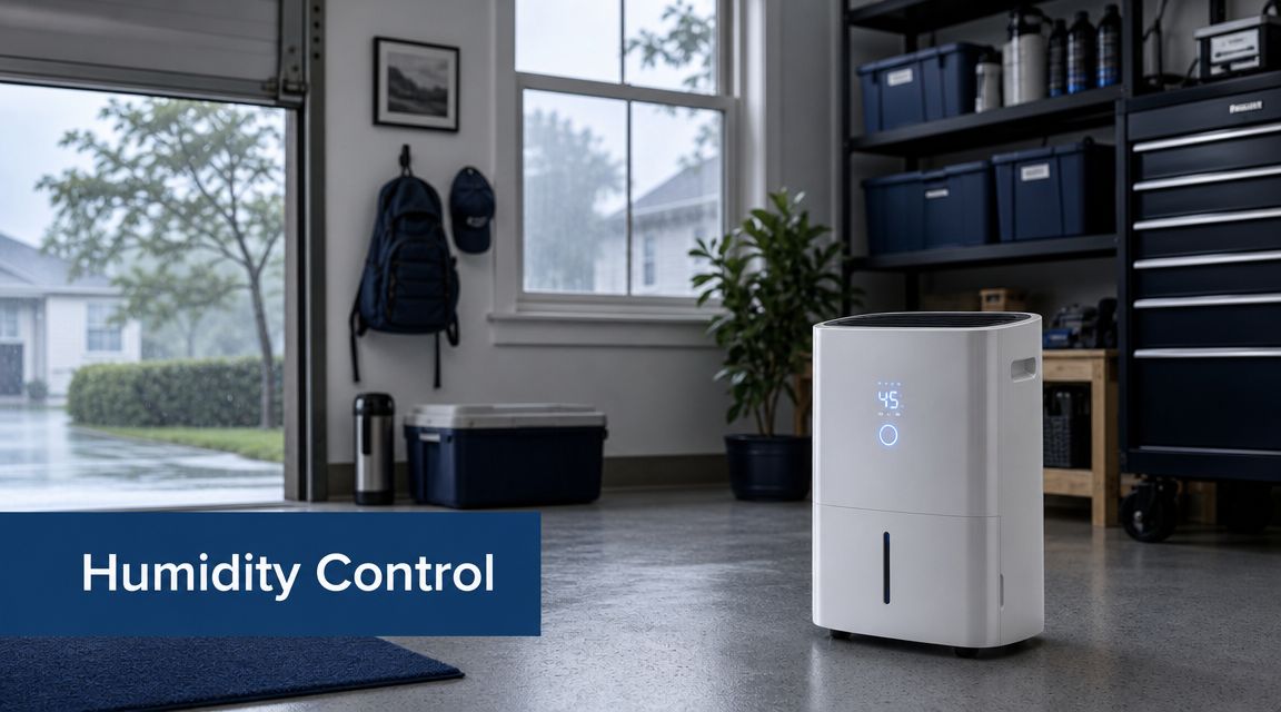 A modern white dehumidifier stands on a concrete garage floor, helping with humidity control in the space.