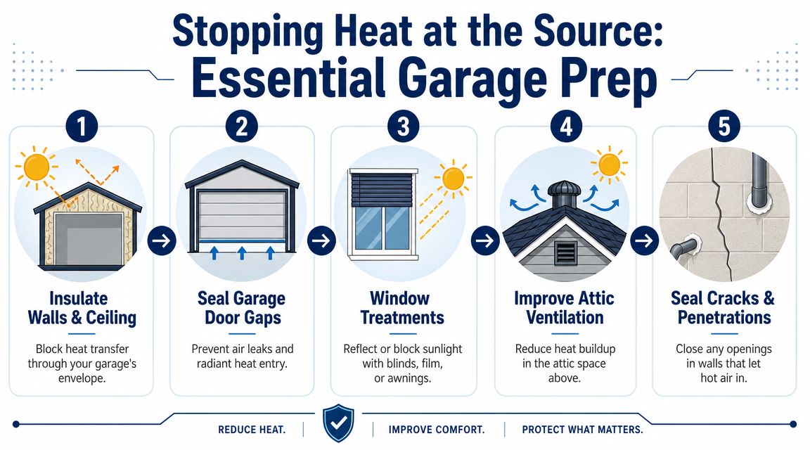 A five-step infographic showing essential tips to insulate and cool a garage to reduce heat.