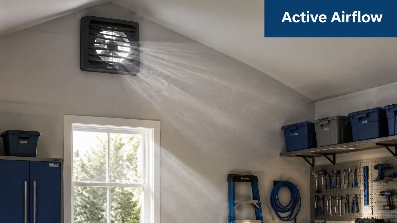 A garage exhaust ventilation fan installed on the wall to improve air circulation and cool the space.