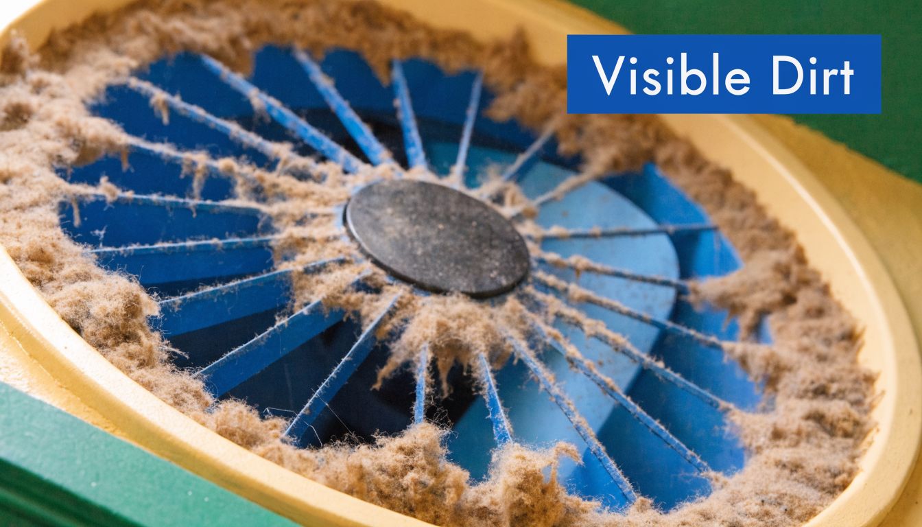 A dirty circular ventilation fan covered in thick dust and lint, indicating poor indoor air quality.