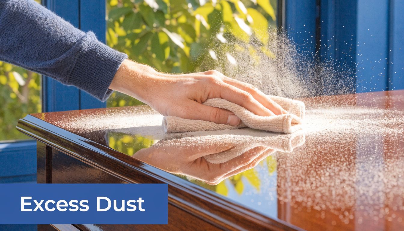 A person wiping thick dust off a shiny wooden furniture surface with a microfiber cloth.