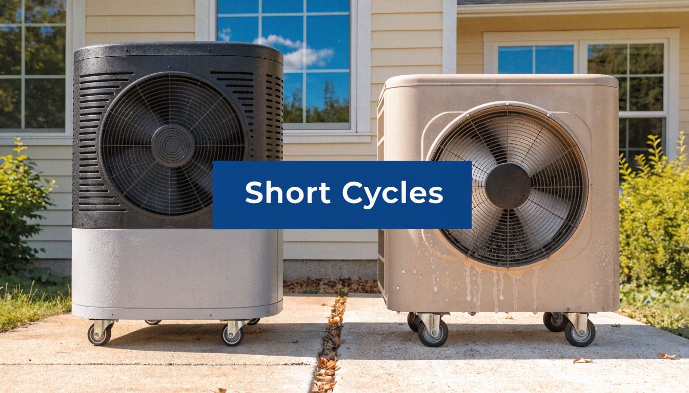 Two portable HVAC condenser units on wheels standing outside on a patio near a residential house.