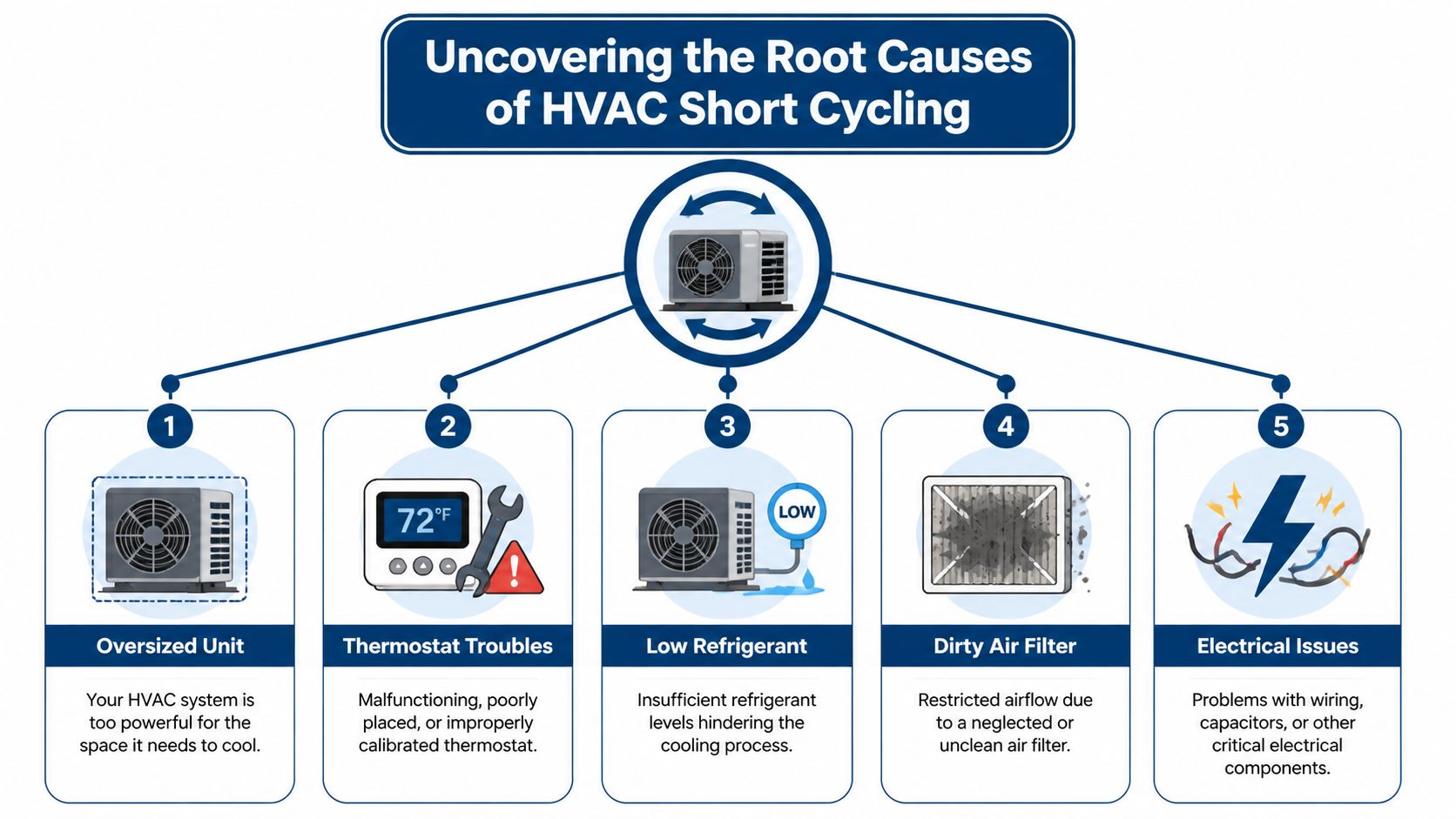 A diagram outlining five common root causes of HVAC short cycling, including unit sizing and maintenance issues.