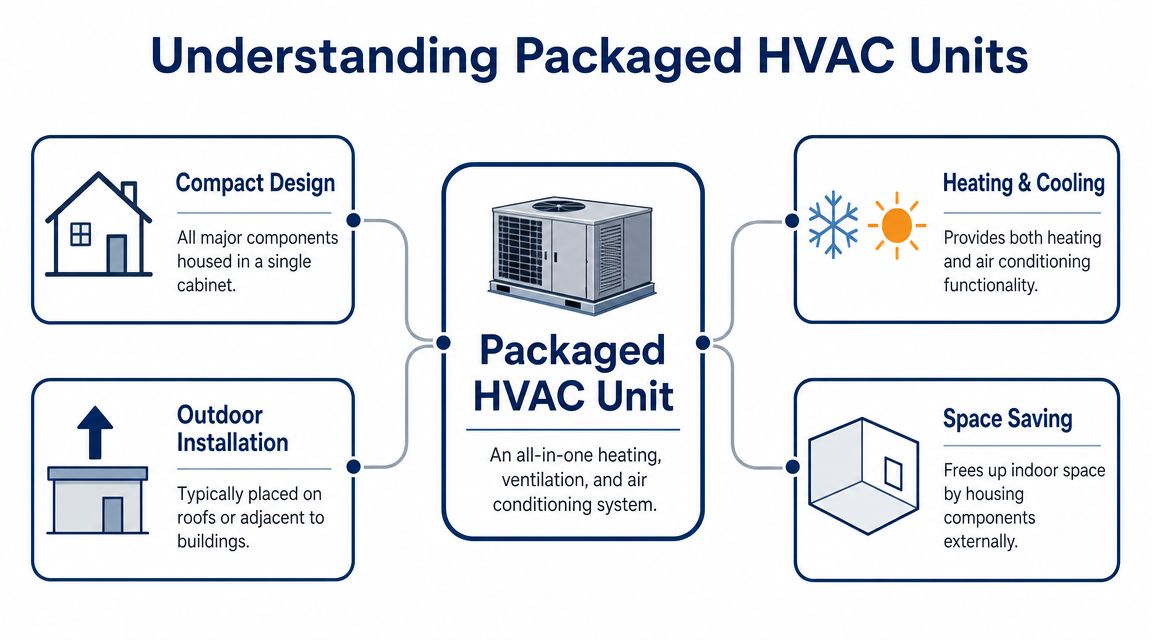 A diagram explaining the benefits of a packaged HVAC unit, highlighting compact design and outdoor installation.