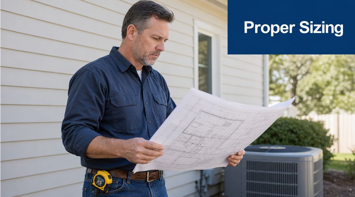 A professional technician examining building blueprints while standing next to a residential packaged unit HVAC system outdoors.