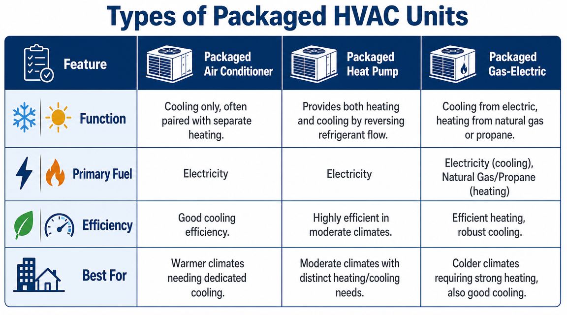 A comparison table outlining features of packaged air conditioners, heat pumps, and gas-electric HVAC units.