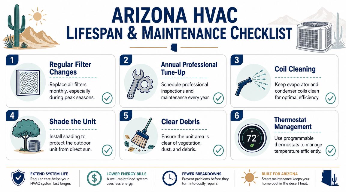 An infographic titled Arizona HVAC Lifespan and Maintenance Checklist providing six essential tips for air conditioner care.