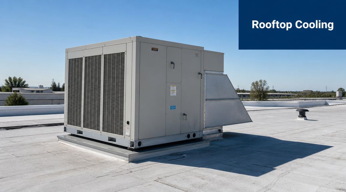 A large commercial rooftop cooling air conditioning unit installed on a flat industrial building roof.