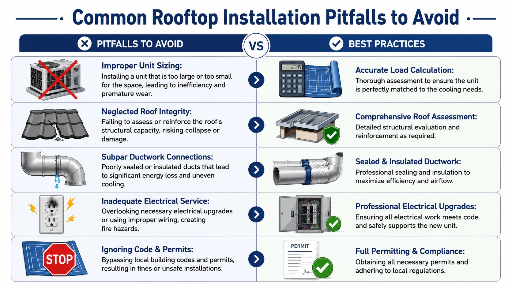 A comparison chart showing common rooftop air conditioning installation pitfalls versus best practices to follow.