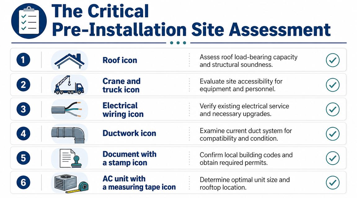 An infographic titled The Critical Pre-Installation Site Assessment showing six essential steps for installing rooftop HVAC units.