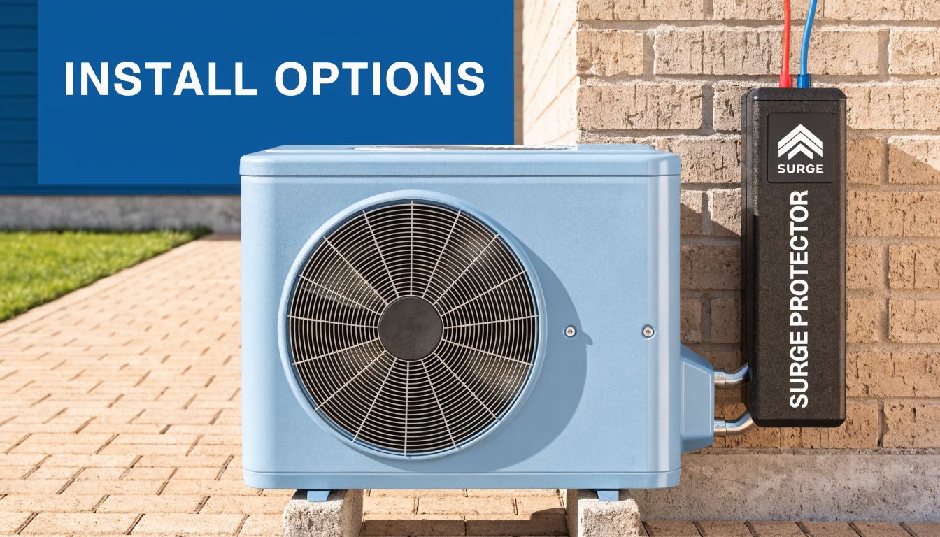 A modern light blue outdoor air conditioning unit installed next to a wall-mounted electrical surge protector device.